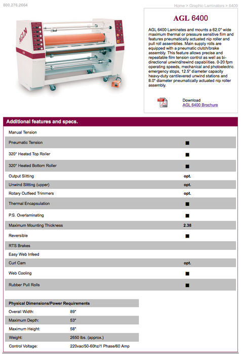 2009 AGL 6400 Laminator - USED